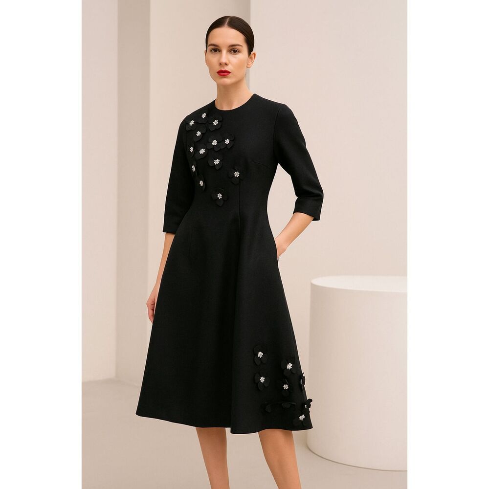 Front Row by Sara and Goldy Flower Embellished Midi Black Dress 2 NWT
